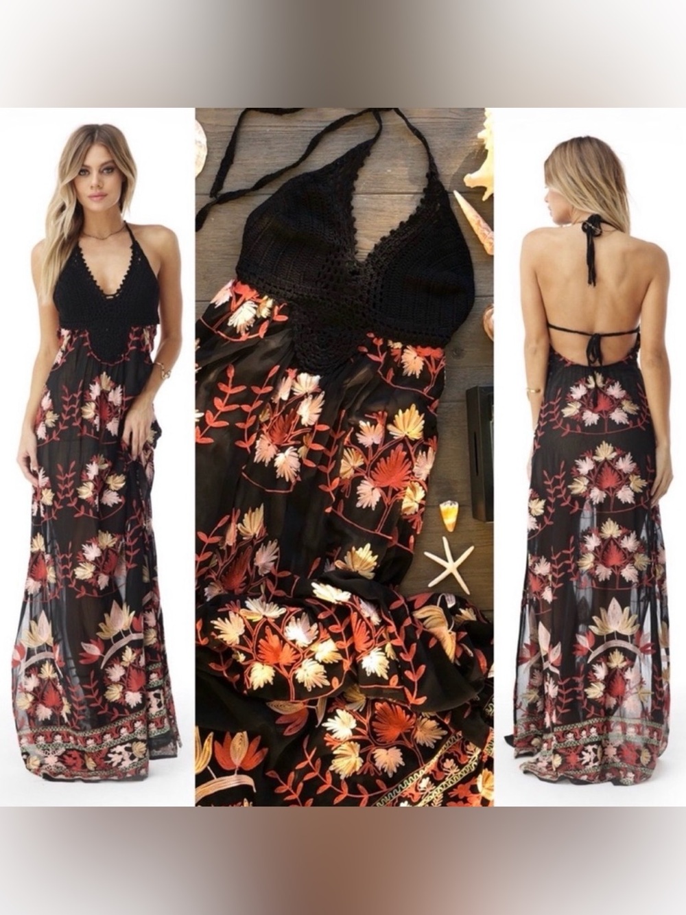 Floral Embroidered Black Maxi Dress